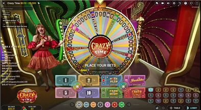 Interfaccia puntate Crazy Time – scegli su numeri o bonus